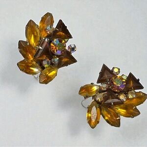 1930’s Vintage Honey Amber AB and Rhinestone Earrings